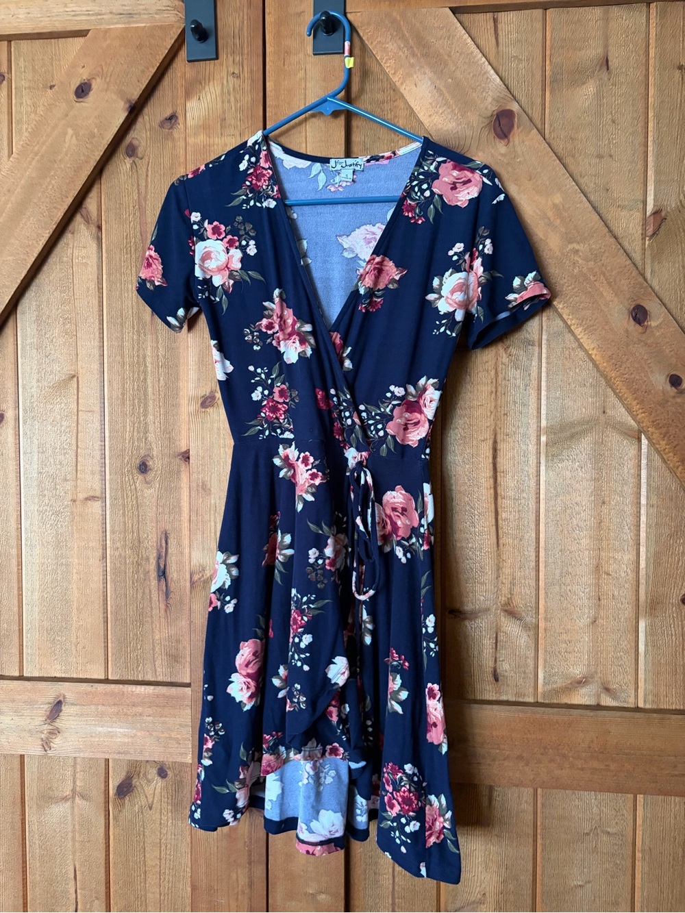 J for Justify Navy Floral Wrap Dress with Pink Rose Print